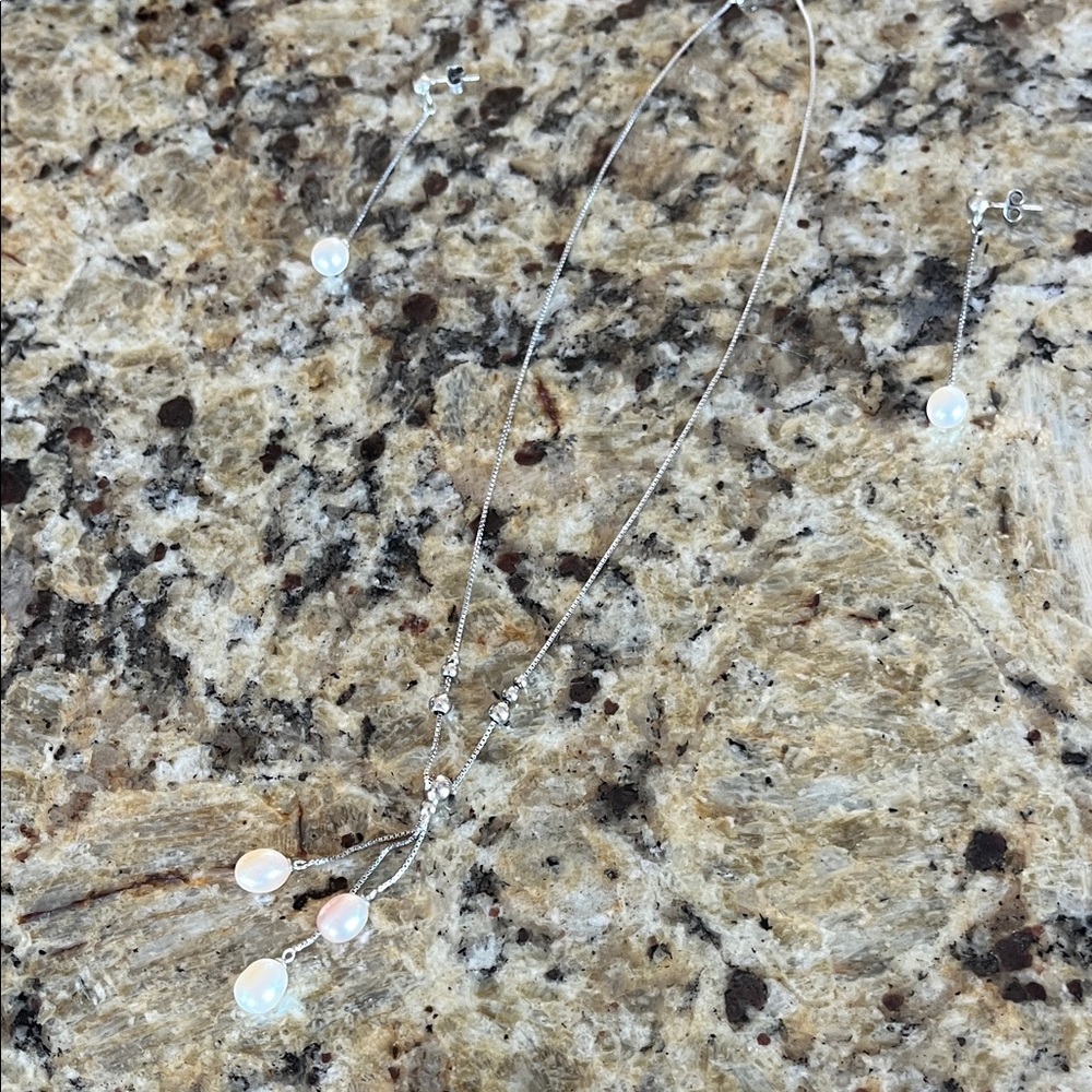 Elegant Silver Pearl Necklace and Earring Set